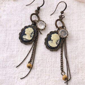 Antique Cameo Dangle Earrings with Brass Chain Fringe